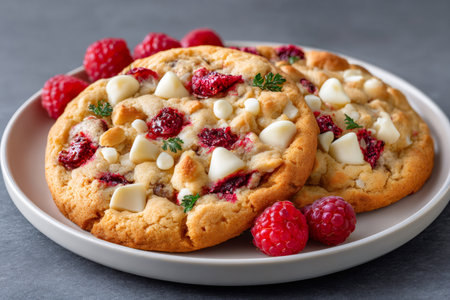 Freshly baked cookies with raspberries and white chocolate chipsの素材