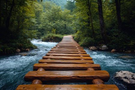 Wet wooden planks making a path over a river in the middle of a green forestの素材