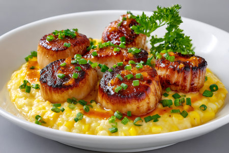 Delicious pan seared scallops served on creamy cheesy grits and garnished with chives and parsley, creating an elegant and flavorful dishの素材