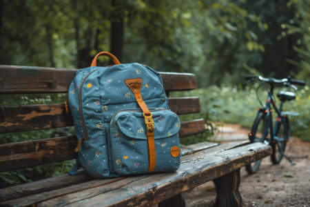 Stylish blue backpack sits on a weathered park bench, suggesting a pause during a leisurely bike ride in natureの素材