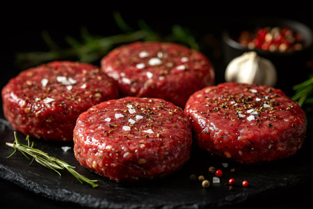 Raw beef burger patties resting on black slate cutting board with rosemary, garlic and peppercornsの素材