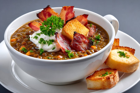 Steaming lentil soup with crispy bacon, crunchy croutons, creamy sour cream and fresh parsley in a white bowlの素材