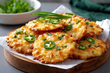 Delicious snack of crispy cheese chips with jalapeno and herbs on a wooden board, perfect for a party or appetizerの素材