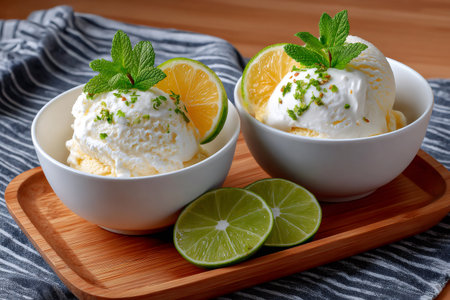 Two scoops of lemon ice cream decorated with lime slices, mint and lime zest in white bowls on a wooden trayの素材