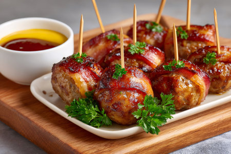 Meatballs wrapped in bacon, decorated with parsley and served with dipping sauce as appetizersの素材