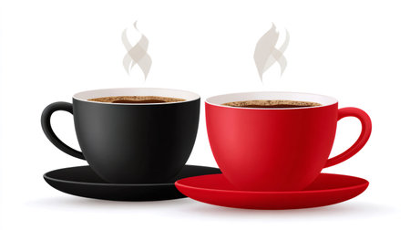 Two steaming cups of coffee, one red and one black, are standing on matching saucers on a white backgroundの素材