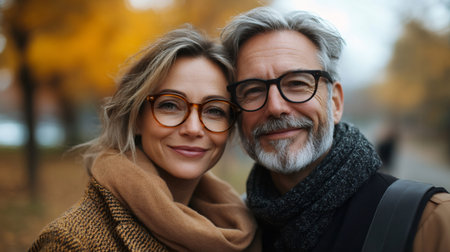 Cheerful mature couple wearing eyeglasses and smiling in autumn park during a romantic walkの素材