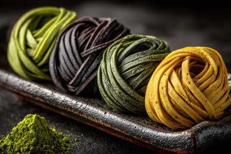 Raw homemade Italian tagliatelle pasta nests with spinach, turmeric and matcha on dark rustic backgroundの素材
