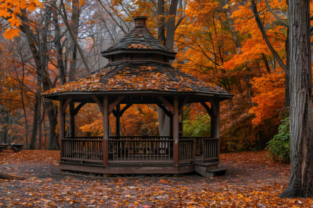 Beautiful wooden gazebo standing in a colorful public park during peak fall foliage seasonの素材