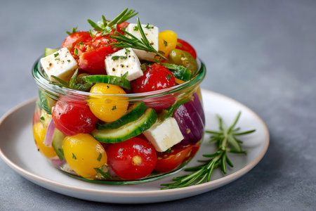 Fresh greek salad with feta cheese, colorful tomatoes, cucumber, olives, red onion and rosemary in a glass jarの素材