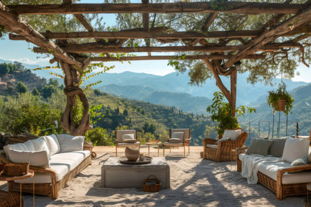 Wicker sofas and armchairs standing on a gravel patio under a wooden pergola overlooking a valleyの素材