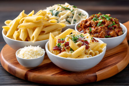Variety of pasta dishes with different toppings, including plain penne, carbonara, bolognese sauce and grated parmesan cheeseの素材