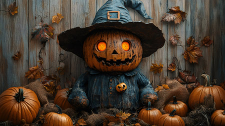 Spooky jack-o'-lantern with glowing eyes wearing witch hat and surrounded by pumpkins creates festive Halloween atmosphereの素材