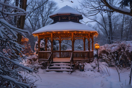 Christmas lights illuminating a snow-covered gazebo at dusk, creating a magical winter wonderlandの素材