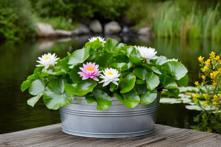 Pink and white water lilies growing in a metal pot by a pond on a wooden deckの素材