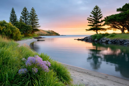 Purple flowers blooming on the shore of a peaceful bay during a vibrant sunset in New Zealandの素材