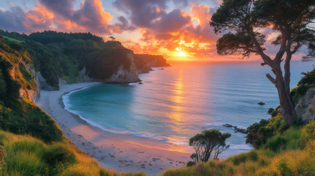 Golden sunset paints the sky over the tranquil turquoise waters of Cathedral Cove beach, a picturesque coastal paradise in New Zealandの素材