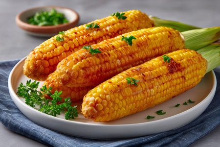 Delicious grilled corn cobs seasoned with herbs lying on a white plateの素材