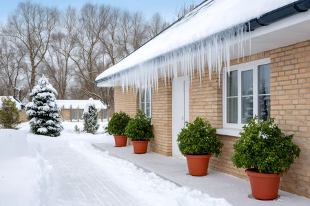 Snow covered roof with icicles hanging above entrance of brick house with potted plantsの素材