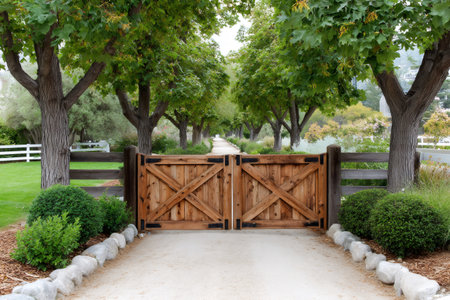 Beautiful wooden gate of a farm opening onto a long tree-lined drivewayの素材