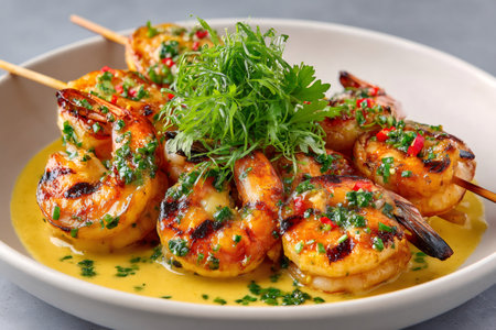 Delicious grilled shrimps on skewers with herbs and spicy sauce served on a white plateの素材