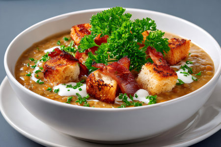 Lentil soup garnished with croutons, bacon, sour cream and fresh parsleyの素材