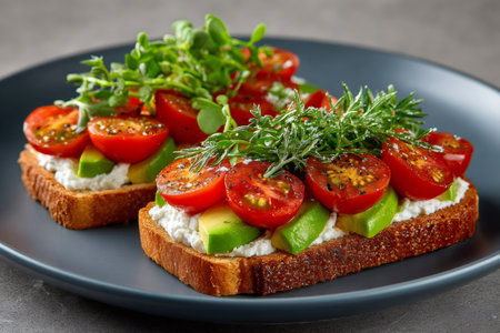 Two slices of toasted bread topped with creamy ricotta cheese, fresh avocado slices, halved cherry tomatoes, and garnished with fresh dill and microgreensの素材