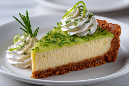 Key lime pie slice with whipped cream and lime zest topping, garnished with rosemary sprig, served on white plate, perfect summer dessertの素材