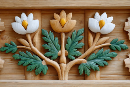 Beautiful wooden carved and painted flowers decorating a wooden panelの素材