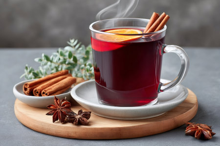 Glass cup of hot mulled wine with spices is emanating steam, creating a cozy winter atmosphereの素材