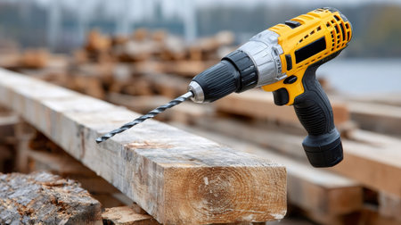 Yellow and black cordless screwdriver drilling lumber in lumberyardの素材