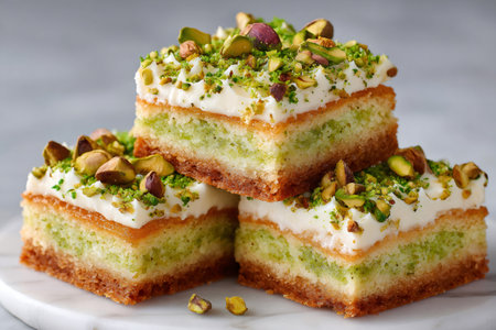 Three slices of pistachio cake with cream cheese frosting and chopped pistachios on top, served on a marble surfaceの素材