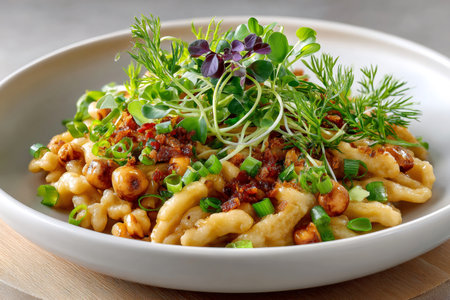 Delicious German spaetzle pasta with hazelnuts, crispy bacon and microgreens served on a white plateの素材