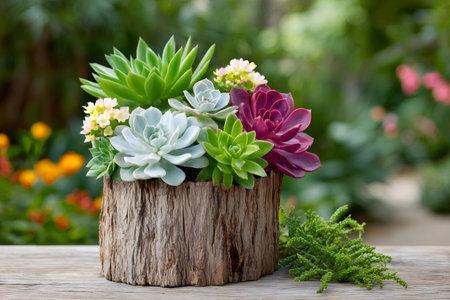 Beautiful arrangement of colorful succulents growing in rustic wooden pot, placed on wooden table outdoors, creating a vibrant and natural sceneの素材
