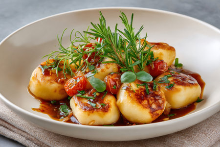 Close-up of delicious potato gnocchi with cherry tomatoes and rosemary enjoying a sauceの素材