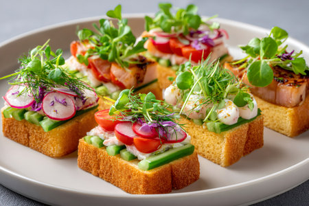 Assortment of gourmet canapes featuring fresh toppings and microgreens, creating visually appealing and flavorful bitesの素材