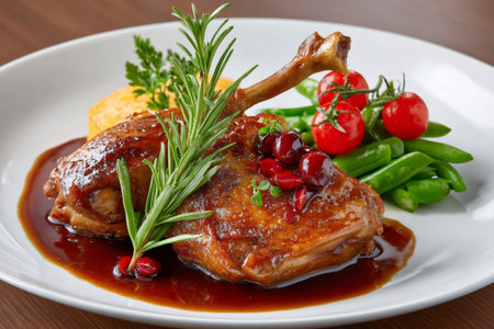 Delicious roasted duck leg served with rosemary, cranberries, green beans and mashed potatoesの素材