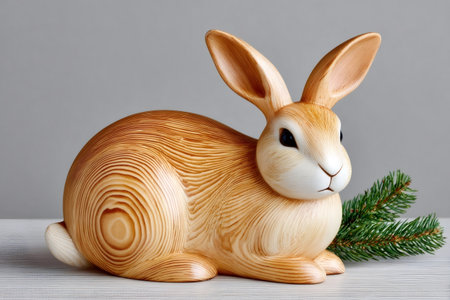 Wooden easter bunny rabbit ornament resting on a white surface next to a fir branchの素材