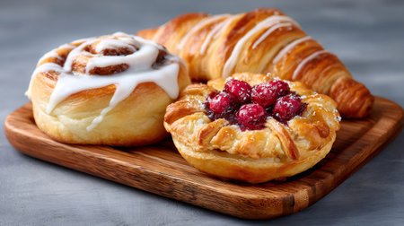 Variety of pastries including croissant, cinnamon roll, and berry tartの素材