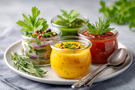 Set of different homemade sauces with herbs and spices in small jars, ready to be servedの素材