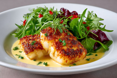 Delicious breaded fried cod fish fillet with fresh salad and sauce served on a white plateの素材