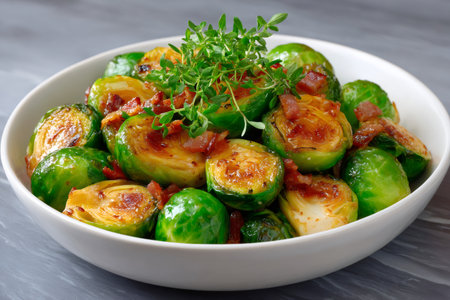 Delicious roasted brussels sprouts with crispy bacon and fresh thyme, served in a white bowl, perfect for a healthy and flavorful mealの素材