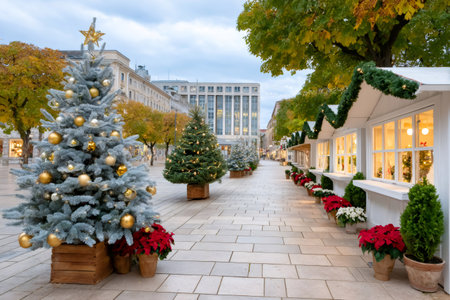 Christmas market in Munich, Germany, preparing for the opening with decorated Christmas trees, wooden stalls and poinsettiasの素材