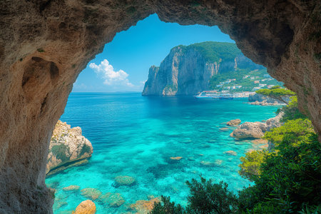 Breathtaking view of Capri from a natural cave, featuring turquoise waters, a cruise ship, and lush vegetationの素材