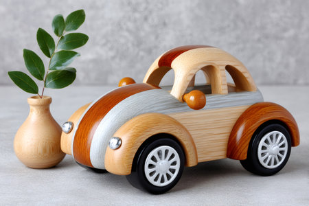 Beautiful wooden toy car is parked next to a small wooden vase holding a green sprigの素材