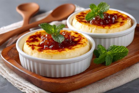 Two ramekins with cheese pudding covered with apple jam topping and decorated with mint leaves, ready to be servedの素材