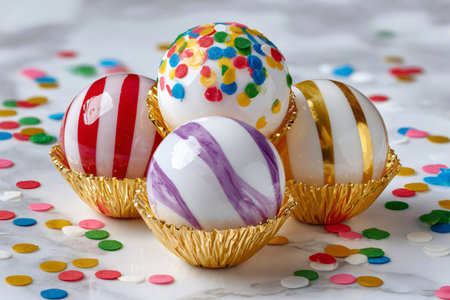 Four colorful cake pops decorated with stripes, sprinkles, and gold leaf, resting on golden paper cups, are surrounded by confetti on a marble table, ready for a partyの素材