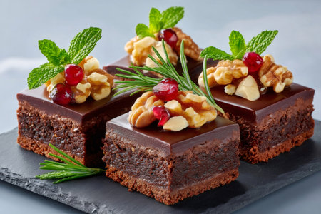 Chocolate brownie squares topping with walnut, cranberry and mint on a black slate plateの素材
