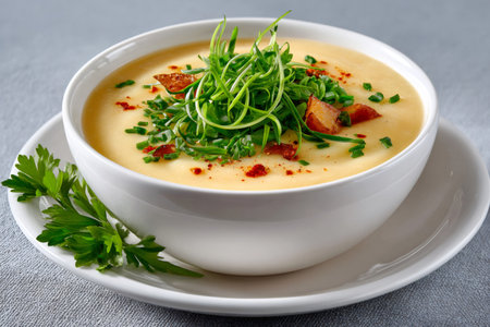 Potato cream soup served with fried bacon, chives and paprika in a white bowl, garnished with parsleyの素材