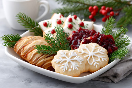 Delicious Christmas cookies decorated with icing and cranberry sauce, served on a white plate with fir branchesの素材